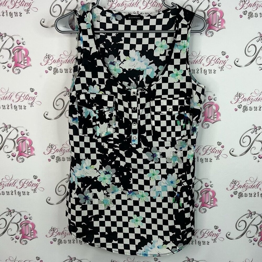Le Chateau tank top flowers Black and White Checkered Floral Tank Top